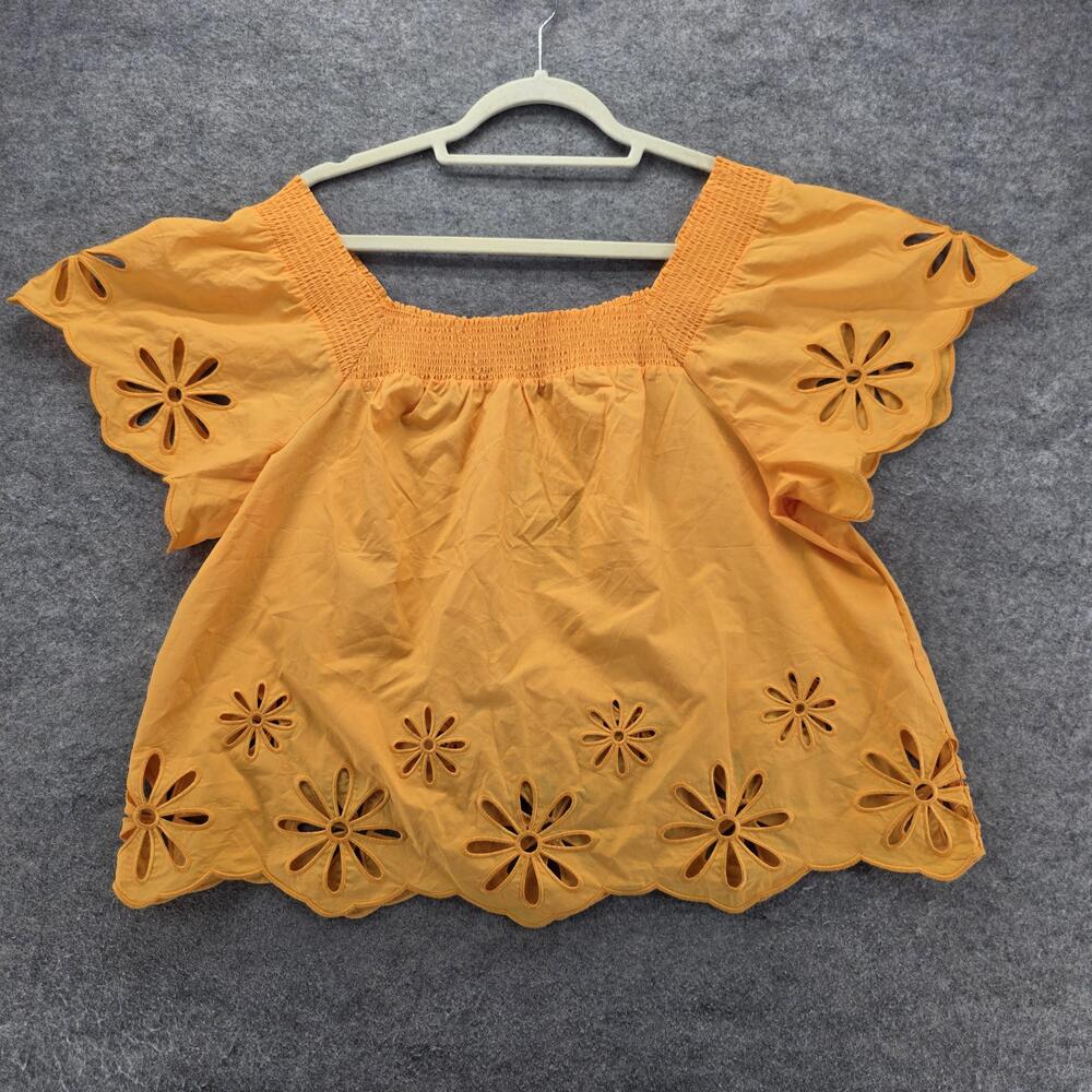 Rails Top Womens Large Yellow Eyelet Flutter Sleeve Blouse Organic Cotton Tencel